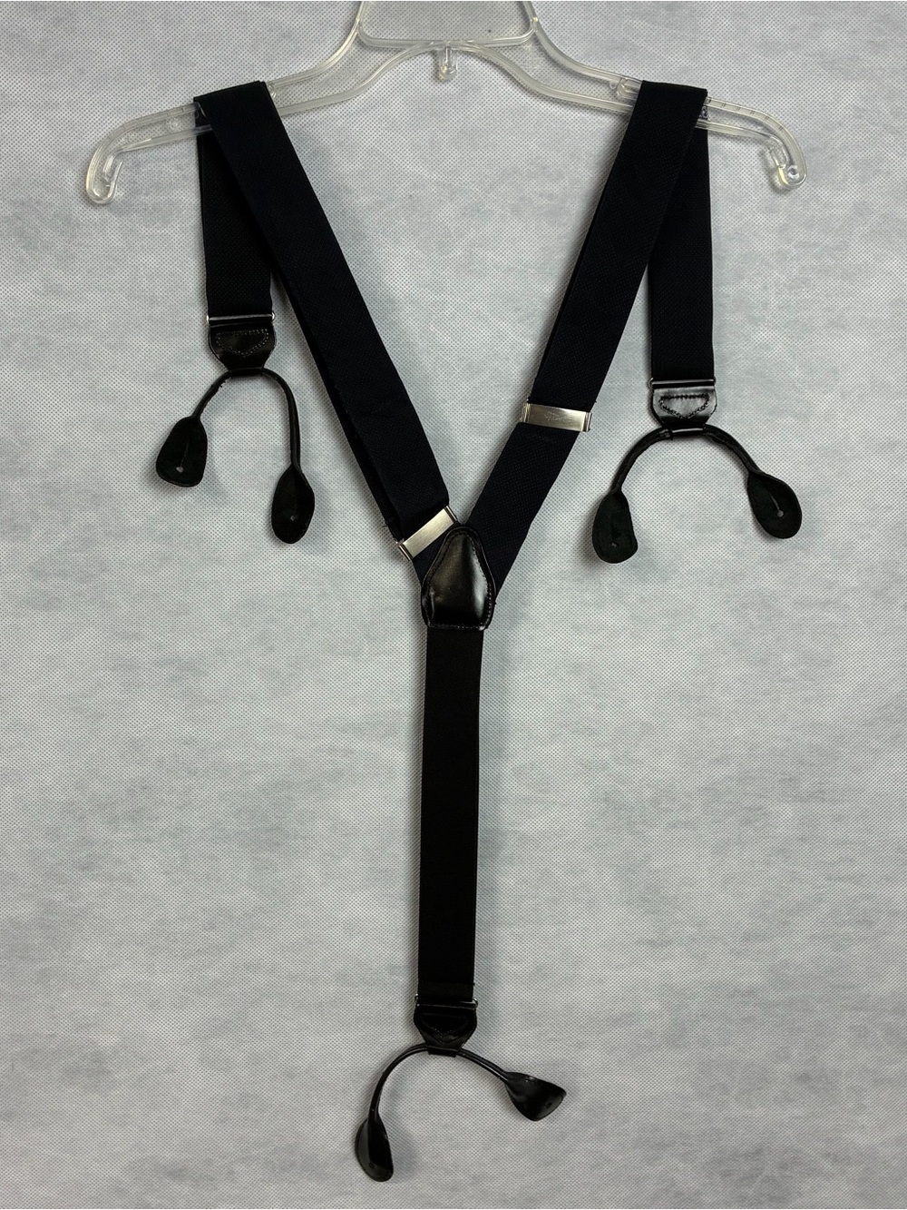 Navy Blue/Black Silk Button On Suspenders, Adjustable, Black Leather Vtg Flaw